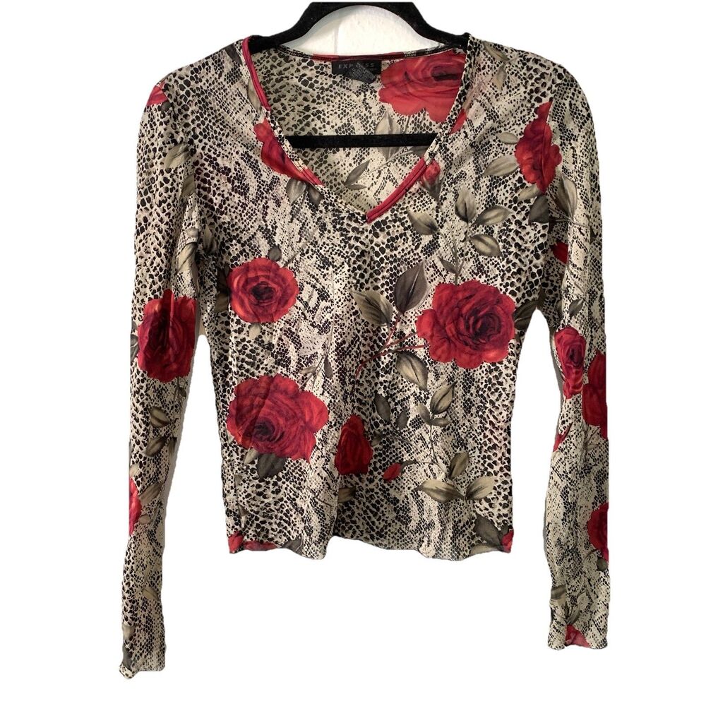 Vtg Express Womens Medium Sheer Shirt Long Sleeve Roses Snake V Neck Y2K Romanti